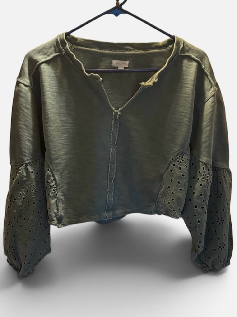 Pilcro Sage Green Cropped Sweatshirt with Eyelet Balloon Sleeves